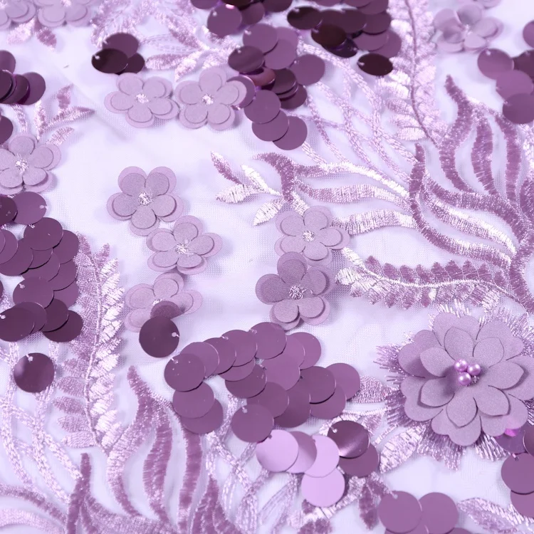 Elegant Applique Lace Purple 3D Beaded Sequin Embroidery Transparent Mesh Fabric