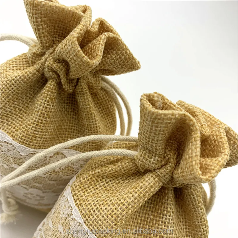 Weddings Receptions Jute Burlap Sack Favor Bag 4'x 6' Natural Jute Bags With Lace