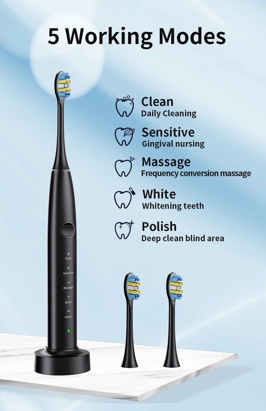 Oral Care Automatic Rechargeable Sonic Electric Toothbrush Induction Pressure Sensor with 5 Working Modes