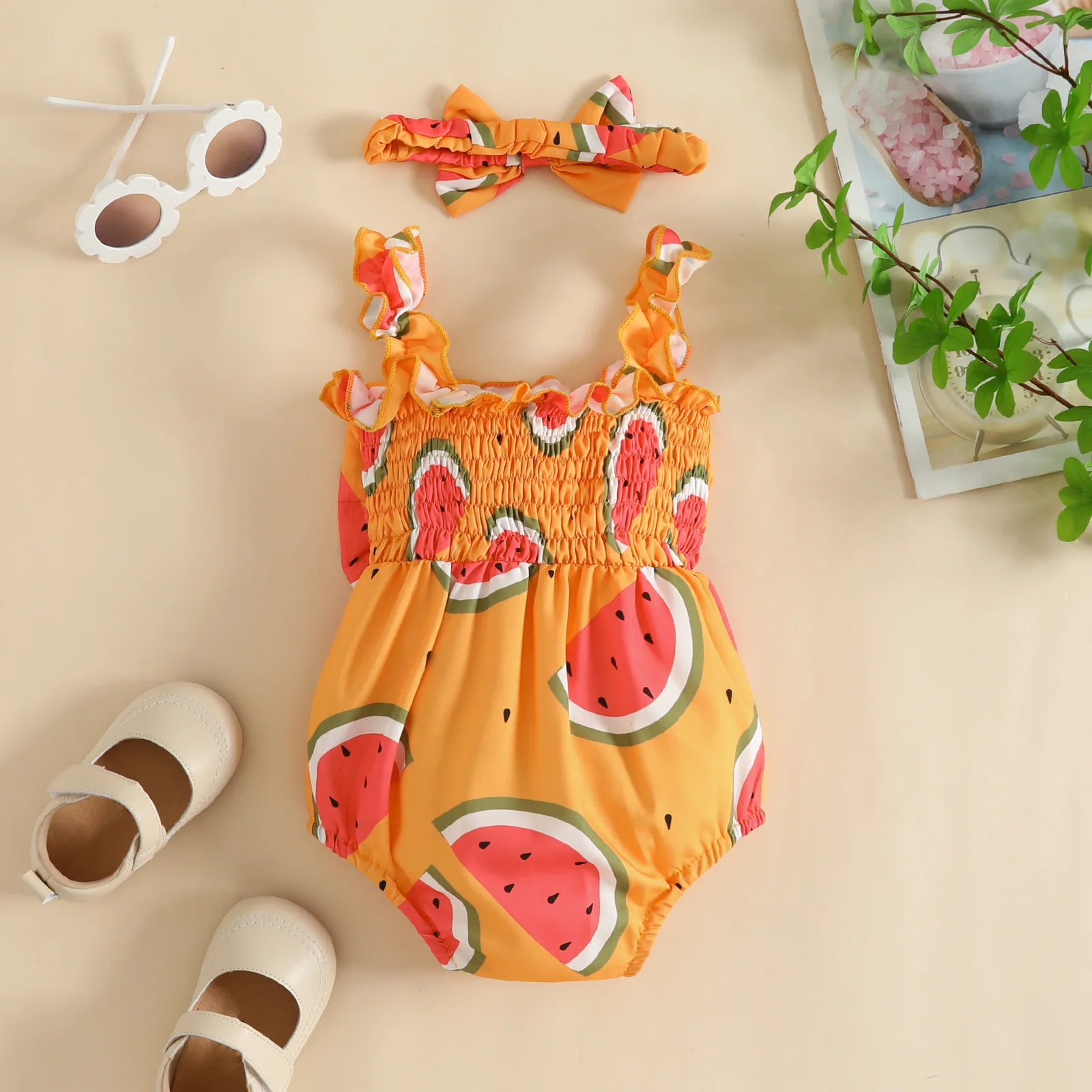 New Summer Baby Clothes Watermelon Print Shoulder Strap Triangle Romper Sleeveless Baby Rompers with Bow Headband