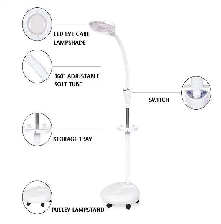 2024 With Trays Wheel Aesthetic For Skin Examination Clinic Facial Floor Cosmetic Beauty Glass Magnifier Led Magnifying Lamp