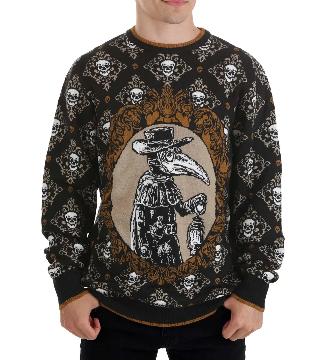 Oem&Odm Wholesale Custom Cotton Halloween Plague Doctor Beak Mask Skull Long Sleeve Pullover Crewneck Knitted Men&Women Sweater