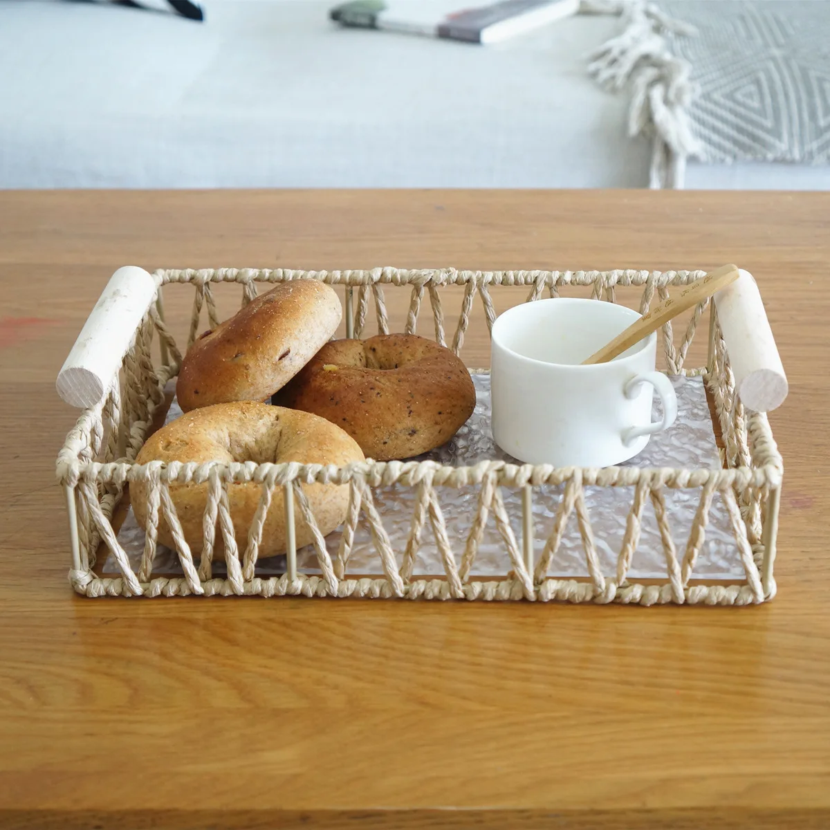 High Quality Paper rope Basket Wholesale Hand Woven Storage Baskets With Wooden Stick Handles