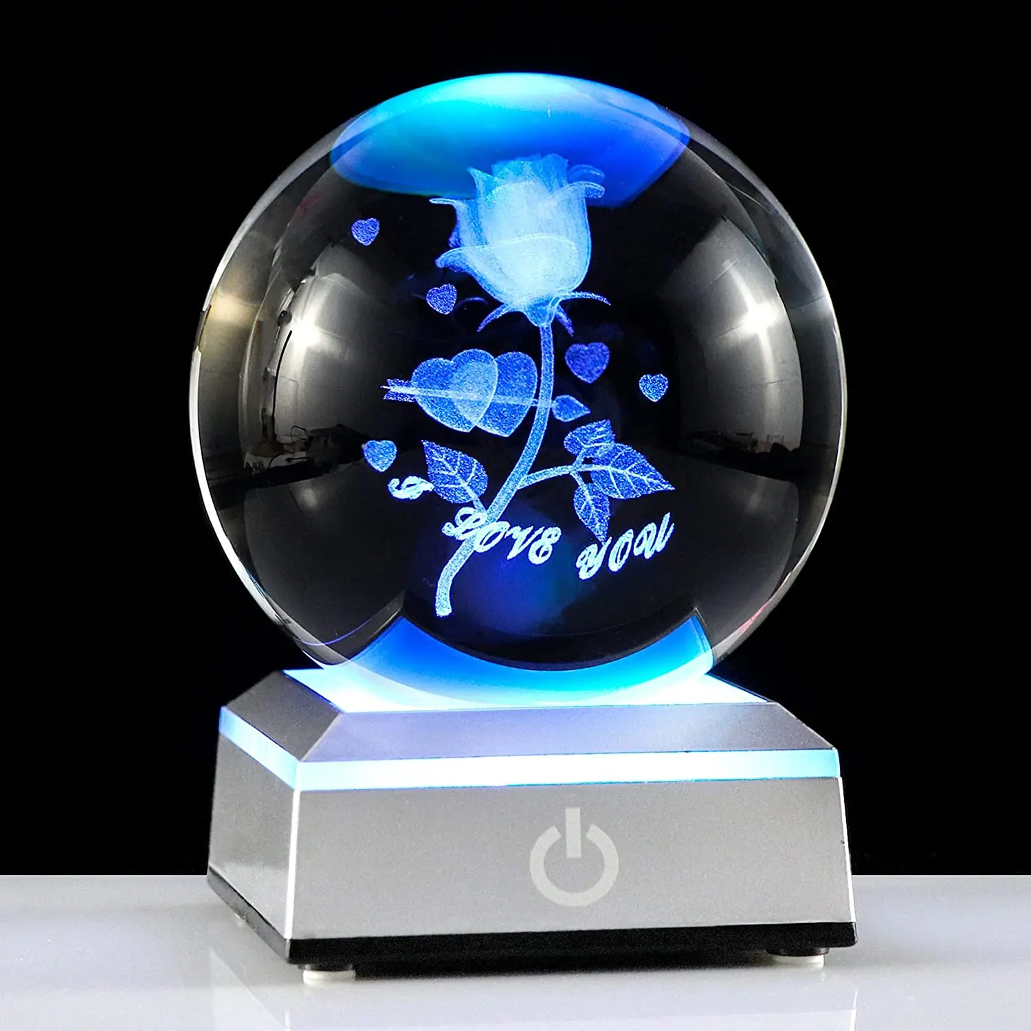 80mm 3d Rose crystal Engraving  Ball with Silver LED Base for Girlfriend Birthday Gifts for Women Home wedding Decoration
