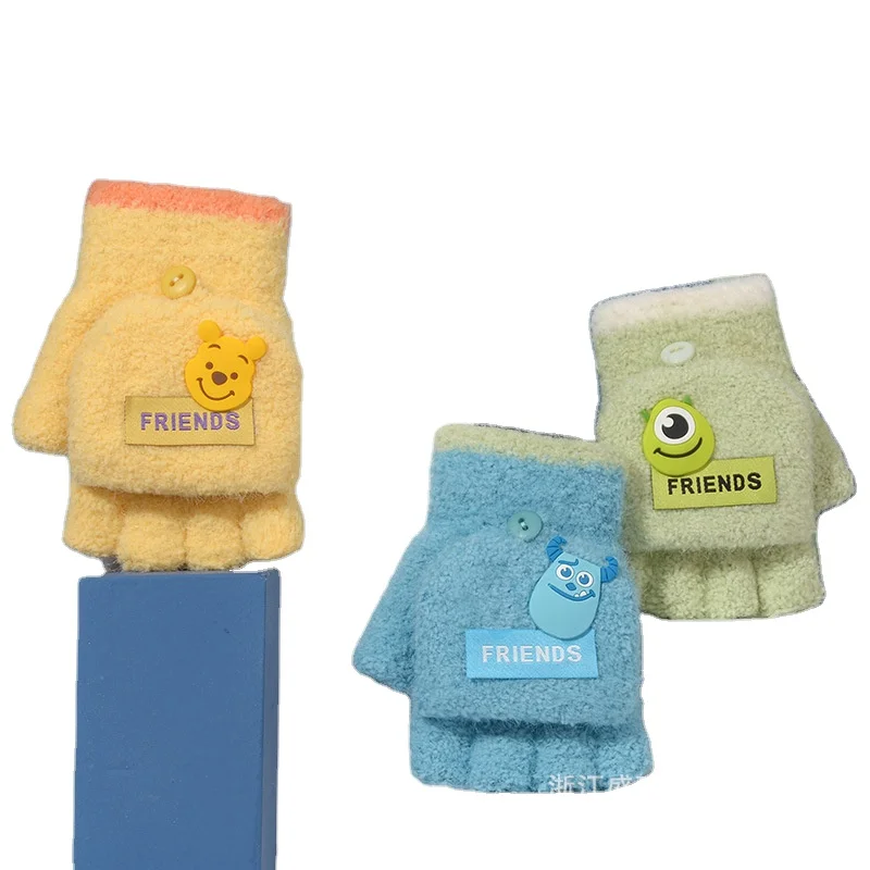 Velvet Half Finger Warm Winter  mittens with Flap Knit Cover Cartoon Jacquard