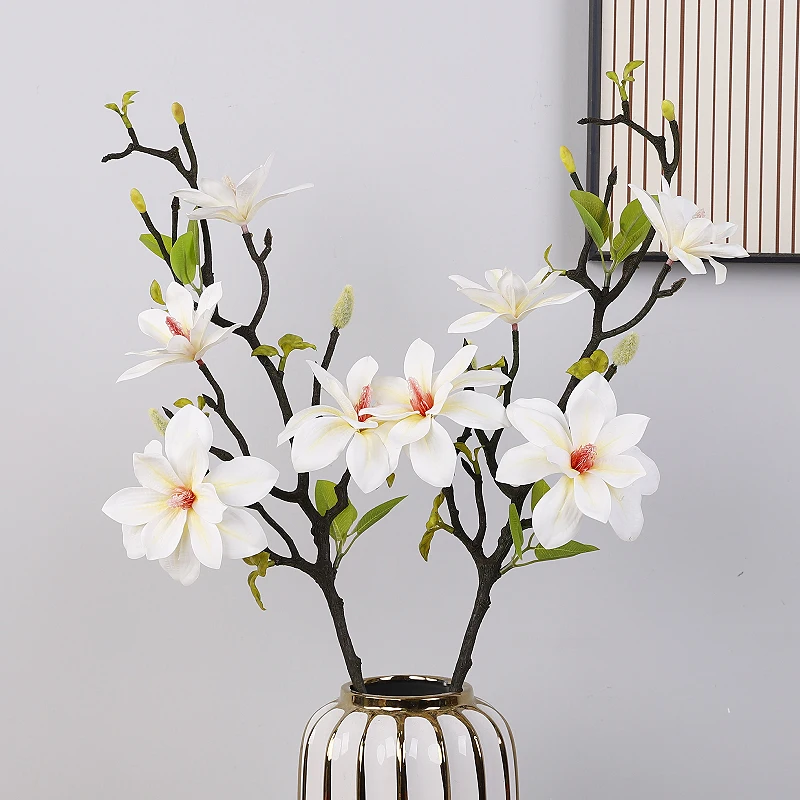 Real Touch Artificial flowers Soft plastic Magnolia flower branch with 4 heads for home indoor New real touch magnolia flowers