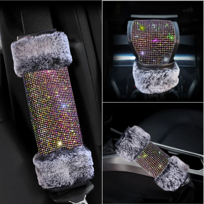 Warm Plush Bling Steering Wheel Cover Pillow Shoulder Handbrake Gear Shift Cover Car Interior Decor Set