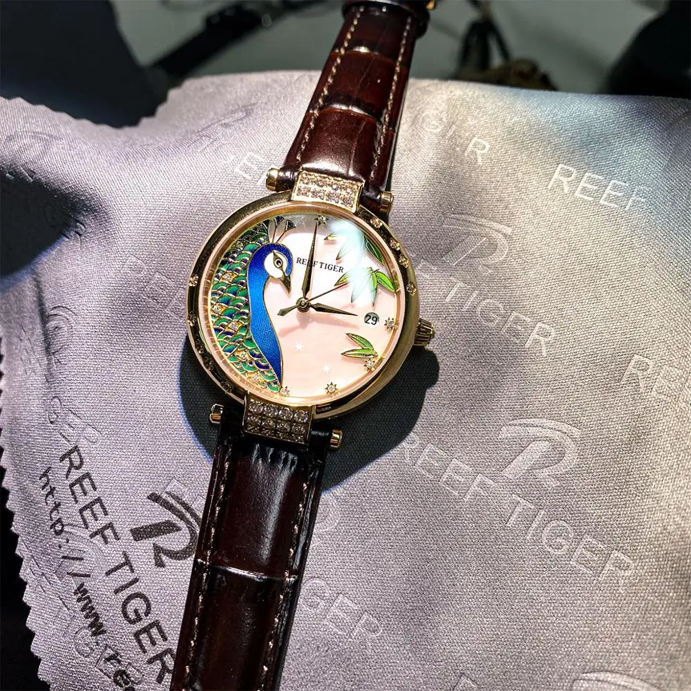 Reef Tiger Top Brand Luxury Rose Gold Watch White Dial Steel Women Automatic Mechanical Watches RGA1587