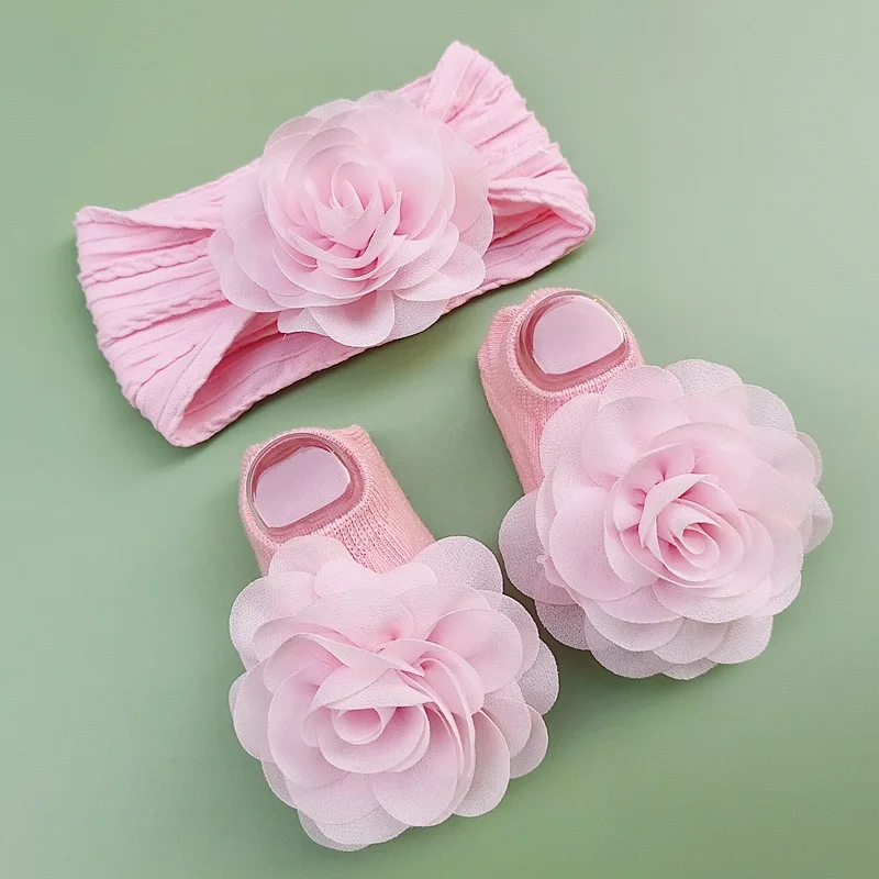 Sweet Baby Gift Solid Color Elastic Nylon Newborn Kids Baby Girl Infant Pink Big Bow Cotton Socks And Chiffon Headband Set