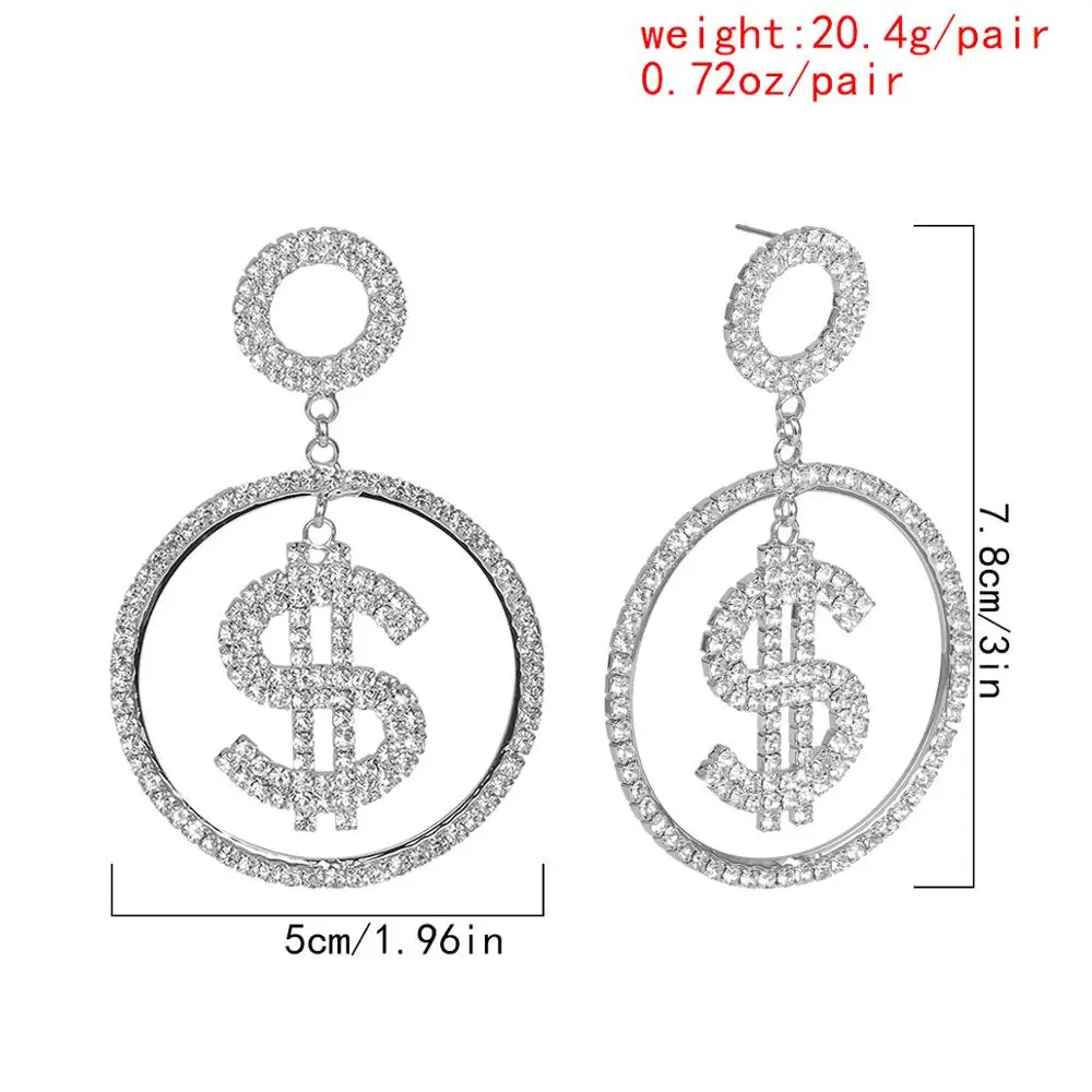 Punk Exaggerated Full Rhinestone Dollar Sign Hanging Dangle Earrings Long Shiny Crystal Dollar Earrings