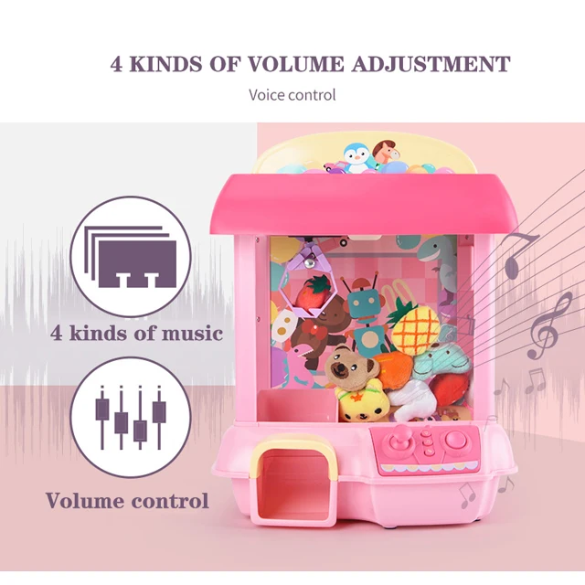 High quality hot sell doll claw machine for kid with USB cable, 6 dolls, adjustable sounds and lights(pink) boy or girl