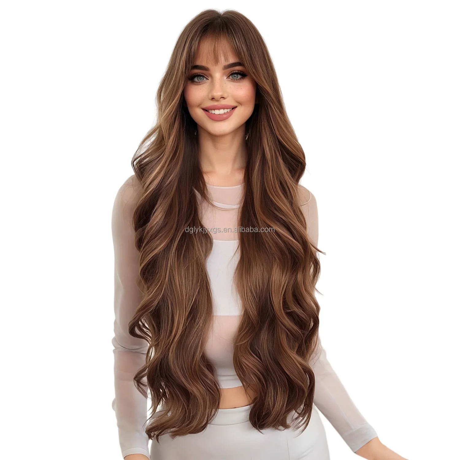 Hot sales Synthetic Hair Wigs 30 Inch bangs big waves fashion long curly hair Dark brown Gold Brown water wave wig women hair