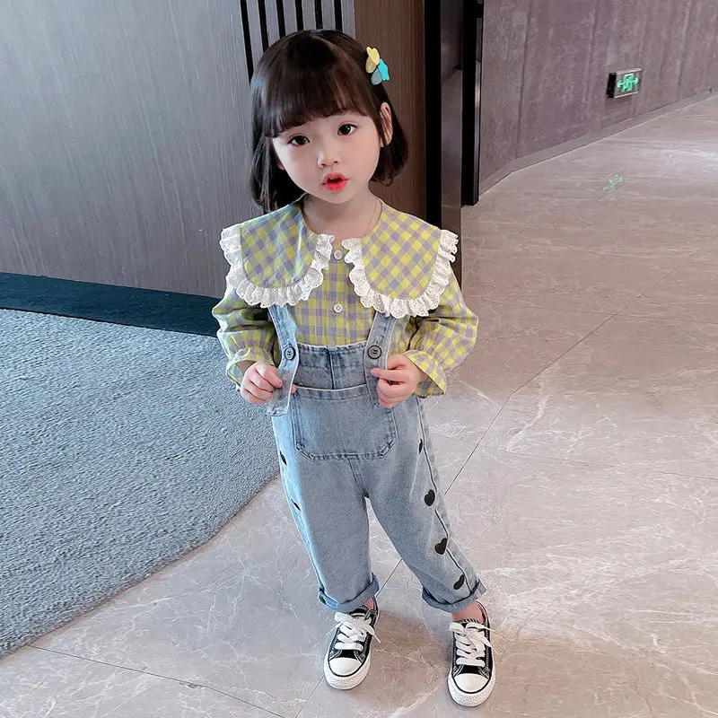 New Kids Girls Fall Spring Clothing Lovely Plaid Shirts Suspender Jeans Baby Sets Clothes Korean Style Wholesale