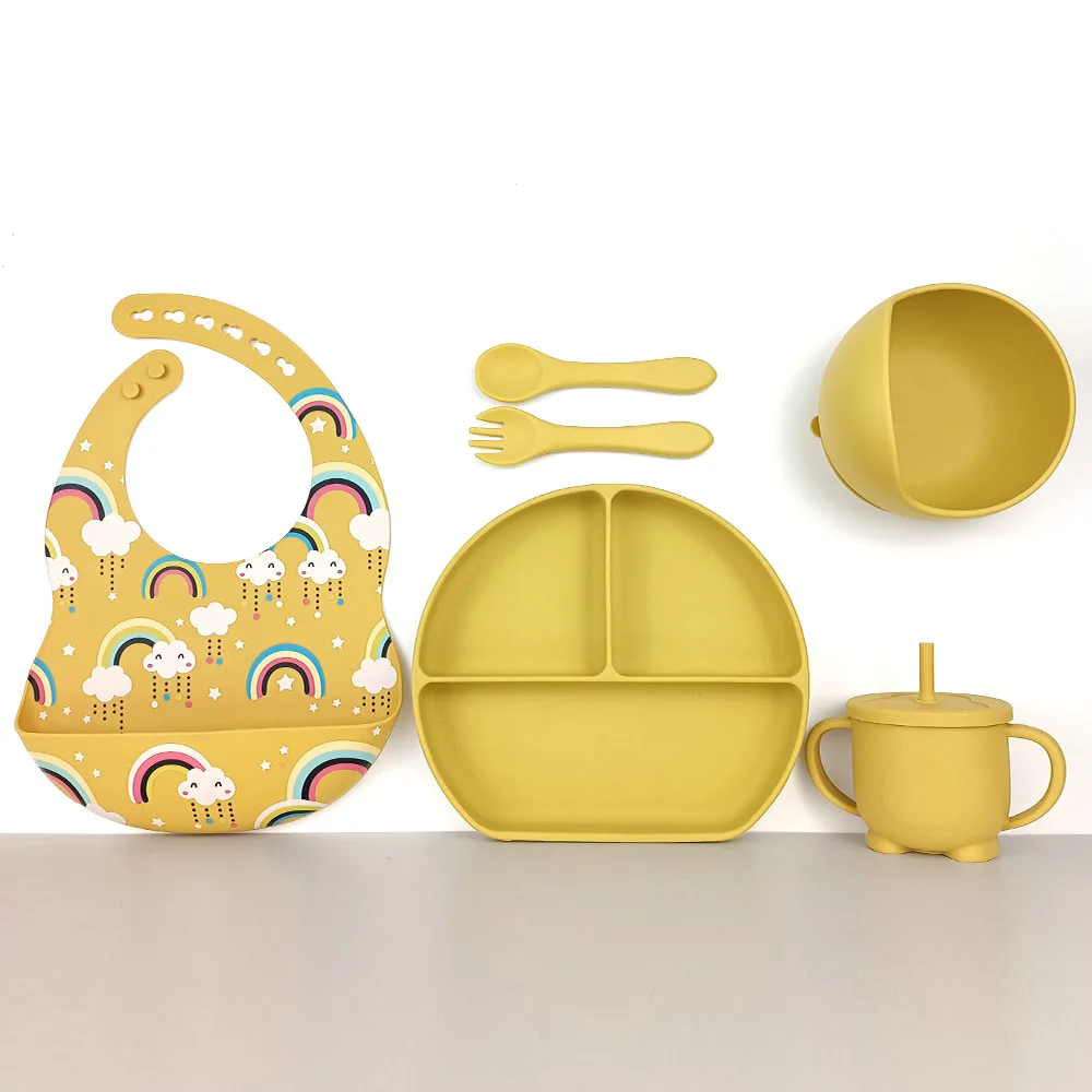 Baby Silicone Feeding Set Pattern Bibs Kids Plate And Straw Cup For Baby Dining Tableware Set Waterproof Babero OEM