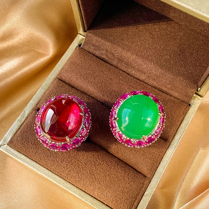 Luxury Oval Ruby Emerald Large Gemstone Rings Brass White Gold Plated Simulated Jade Ring for Women Party Jewelry Gift