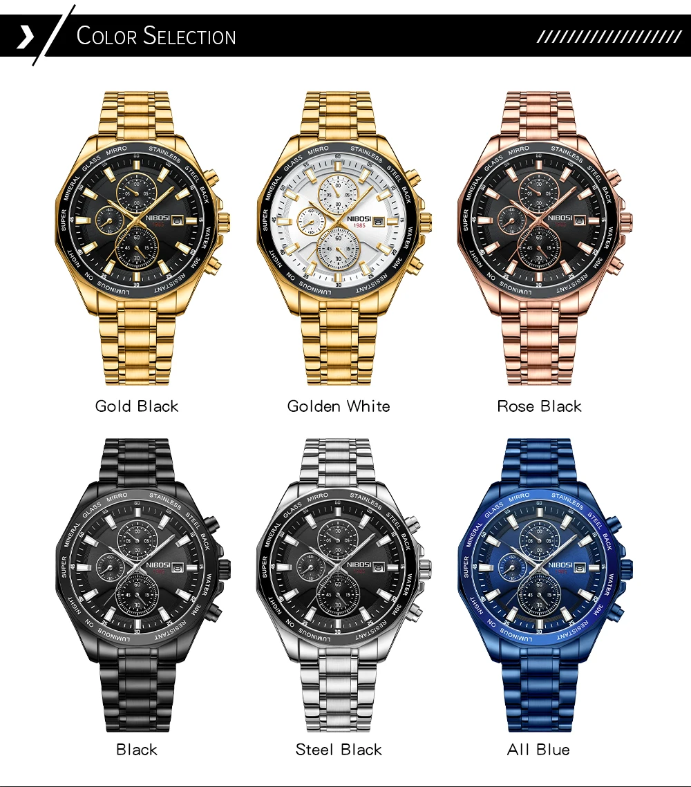 NIBOSI 2599 branded personalised man quartz watch cool Steel Strap water resistant chronometer advertising business reloj watch