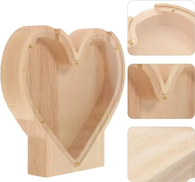 Wholesale Custom Creative Transparent wooden piggy bank heart-shaped cash box on the desk, living room For Kids