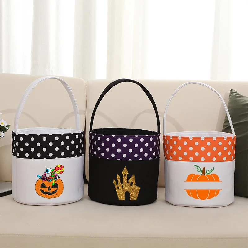 Mongram Trick Or Treat Candy Bag Custom Kids Gift Embroidery Fabric Polka Dot Halloween Buckets