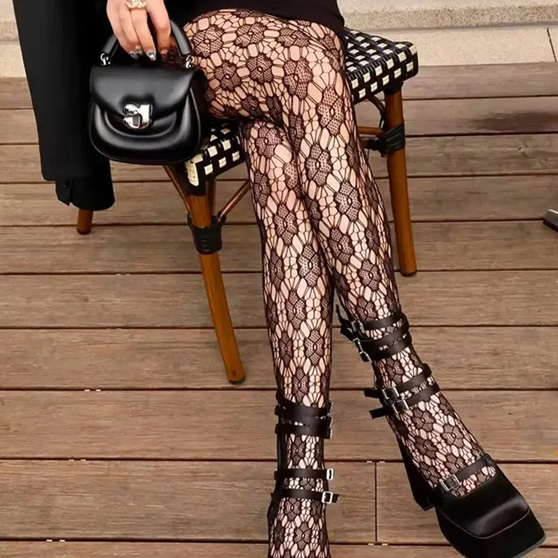 Sexy Mesh Women Lace Flower Tights Pantyhose Black White Hollow Jacquard Fishnet Stockings