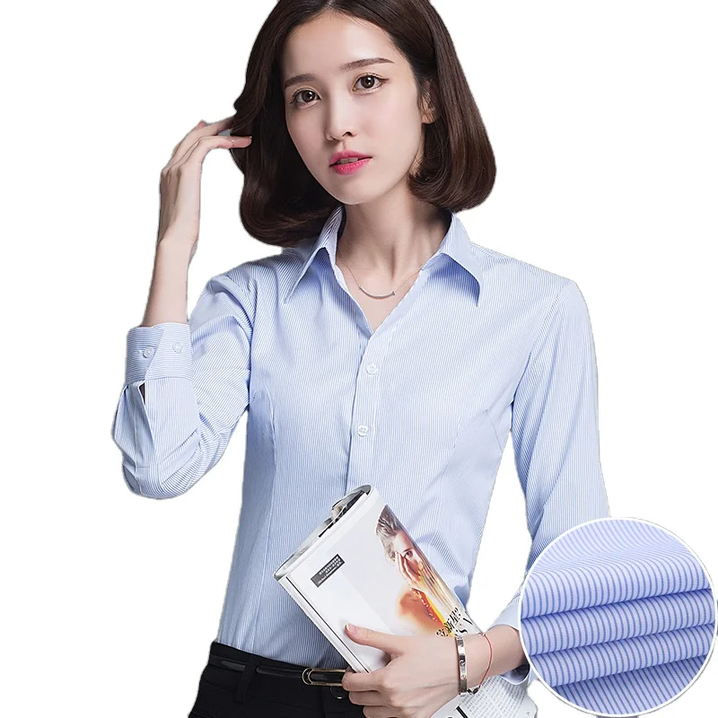 Striped V-neck Long Sleeve Shirt Slim Fit and Slim Temperament Business Casual Shirt Work Dress Embroidered LOGO