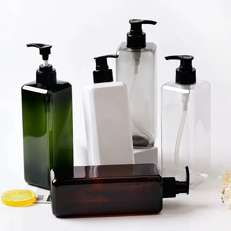 Wholesale Empty Cosmetic Pump Containers 500ml 300ml Square Shampoo Body Lotion PET Plastic Bottles with Black Lotion Pumps