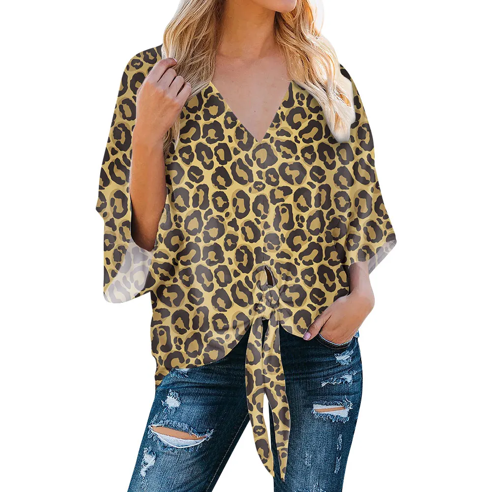 
Factory Custom Made Wholesale Cartoons Pattern Deep V-neck Sexy Flared Sleeves Fashion Sexy Casual Looses Chiffon Women Shirts 