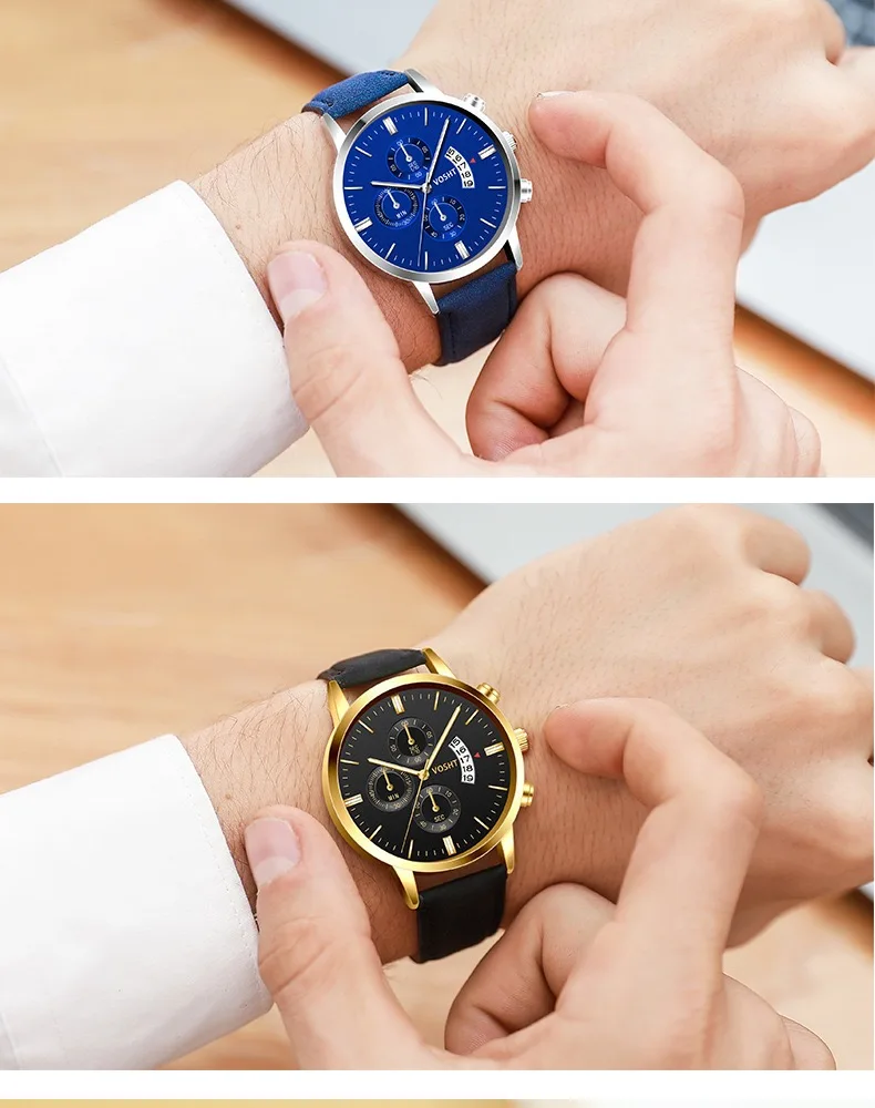 Часы наручные мужские с кожаным ремешком, высококачественные водонепроницаемые повседневные деловые с календарем, тремя петлями и шестью иглами