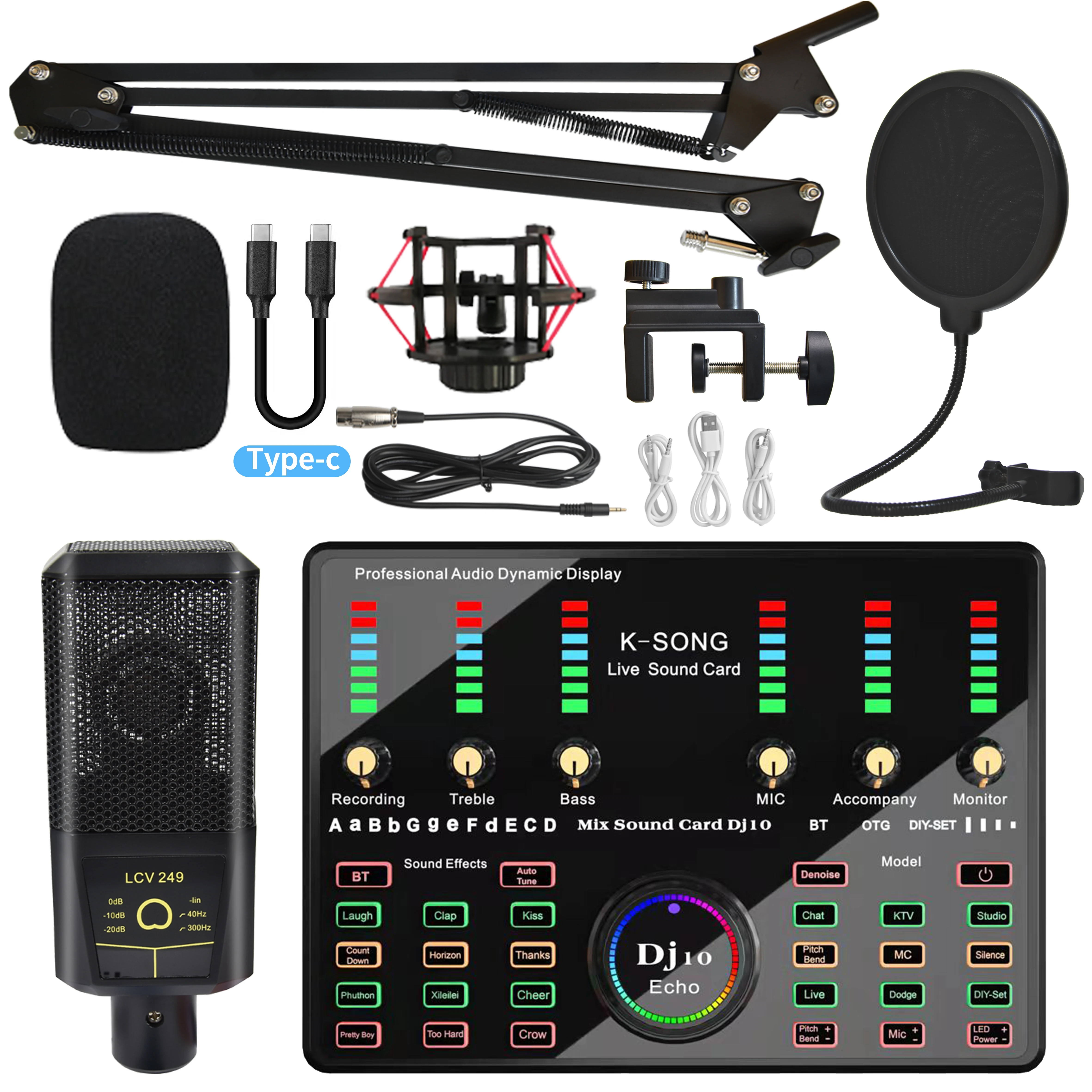 Karaoke Equipment Sound Card Mixer Set Voice Changer with Condenser Microphone Interface Audio Studio External Sound Card
