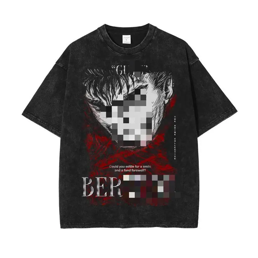 2024 new fashion Anime Cartoon 100 cotton 240g High Street Vintage Wash Print Short Sleeve T-Shirt clothing for men