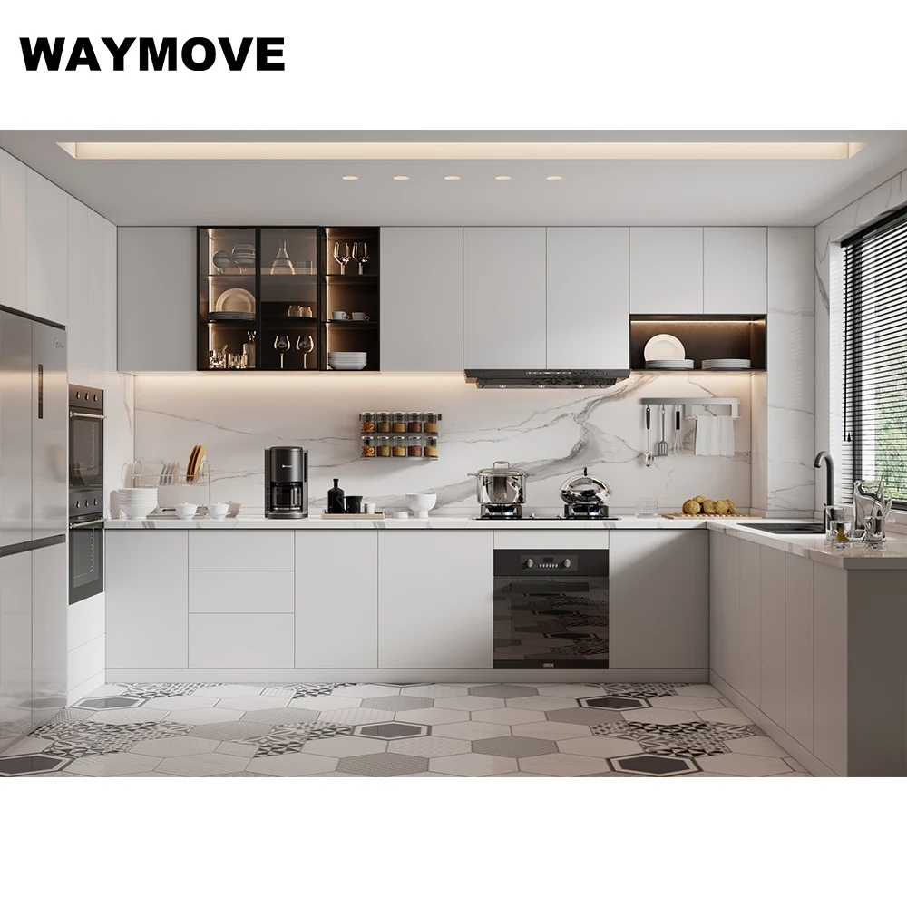 WAYMOVE современные ПВХ кухонные шкафы с лаком акриловая обработка поверхности дверной панели шарнирный кран раковина двери кухонного шкафа