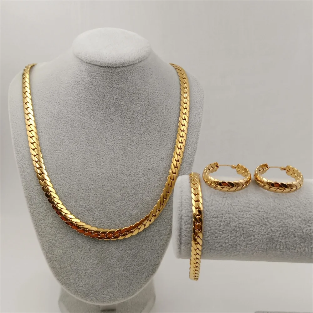 3 Piece Fashion Jewelry Sets 18K Gold Plated Stainless Steel Hip hop Thick Flat NK Chain Necklace Bracelet Earrings Sets Women