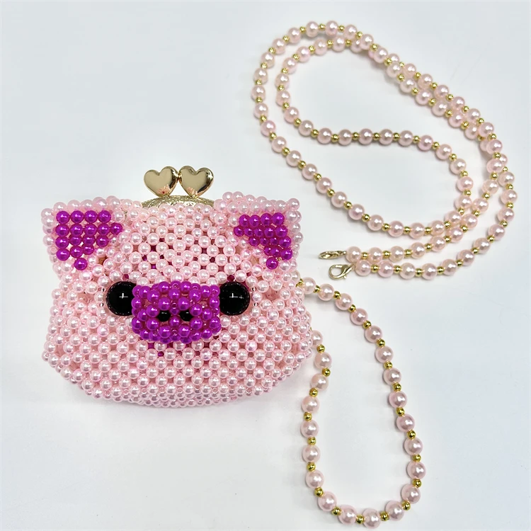 Personalized Mini Round Handmade Beaded Coin Purse ,Cartoon Cat and Pig Crossbody Bag for kids
