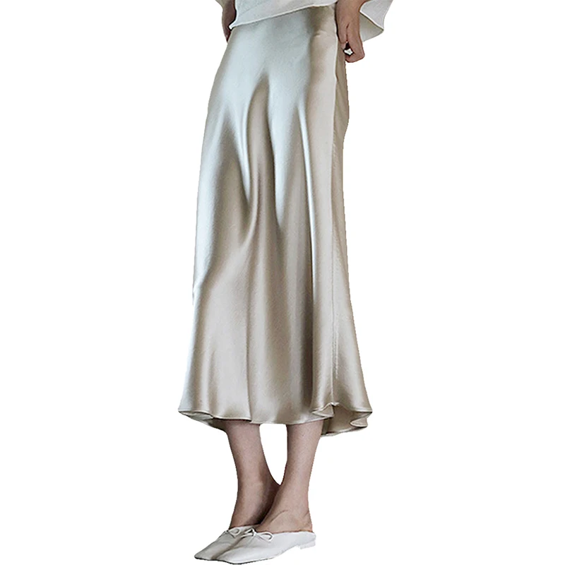 Summer Satin Silk Slippery Drop Slim Casual Elastic Waist A-Line Mid Length Skirt