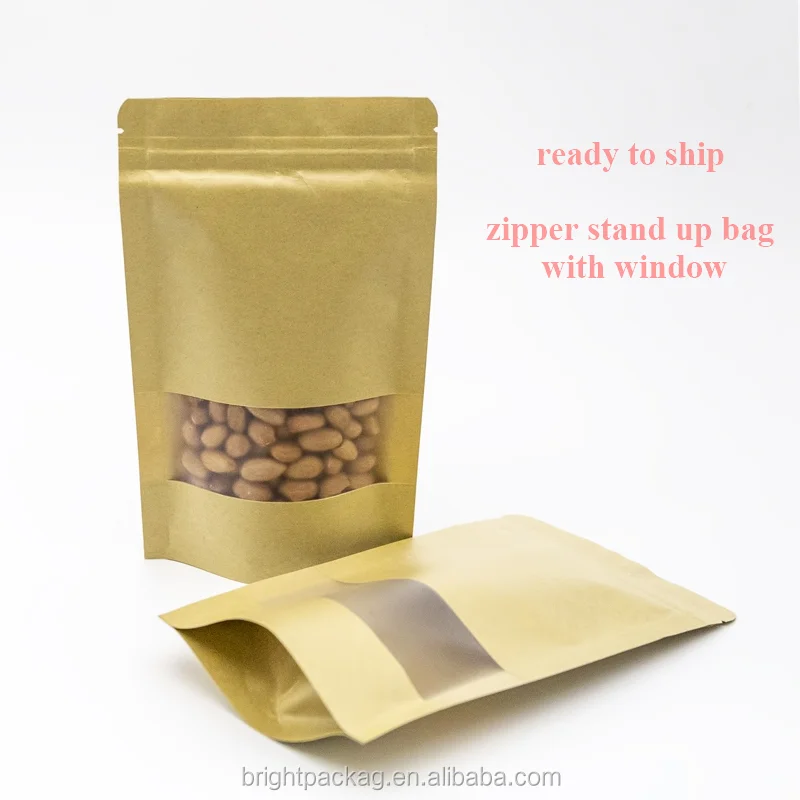 Оптовая продажа биоразлагаемые пакеты из коричневой крафт-бумаги на молнии для упаковки сушеных продуктов стоячие в наличии