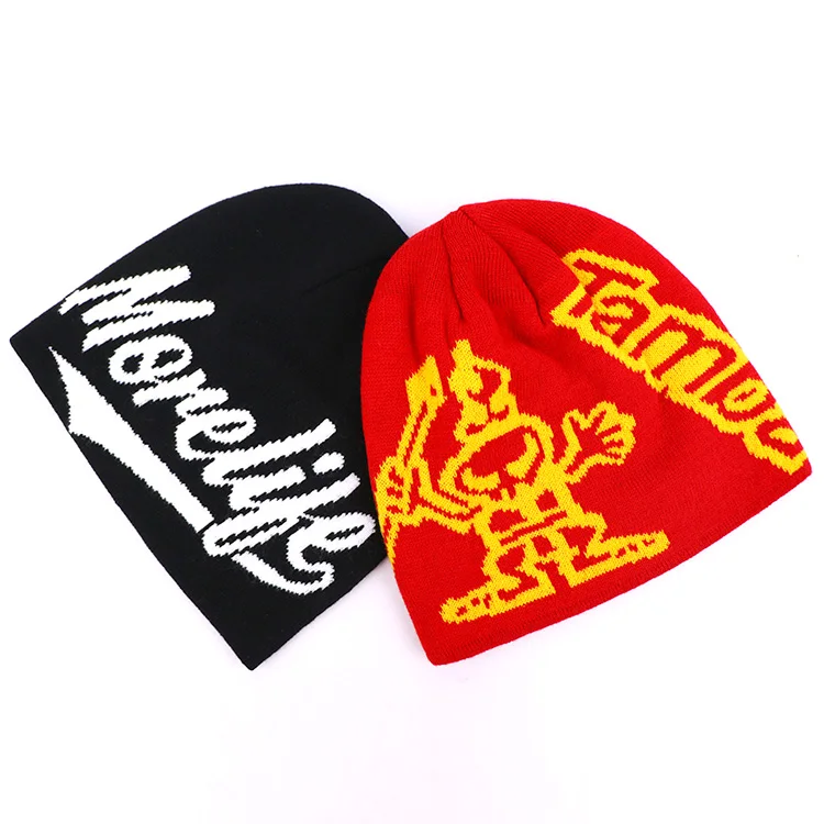 Factory Wholesale Youth Trend Autumn Winter Sports Keeping Warm Letter Pattern Jacquard Acrylic Beanies With Custom Logo