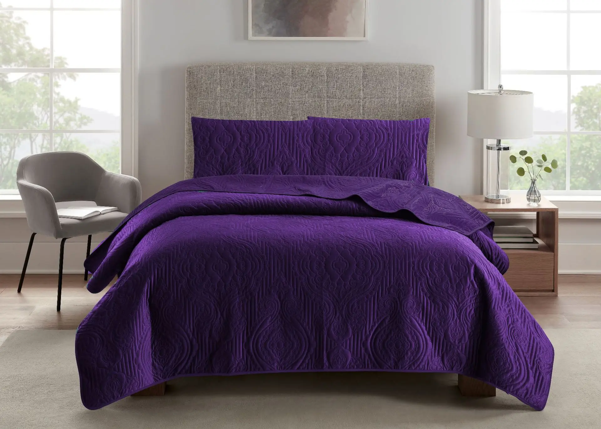 Wholesale solid reversible 100% microfiber bedding comforter bedspread set