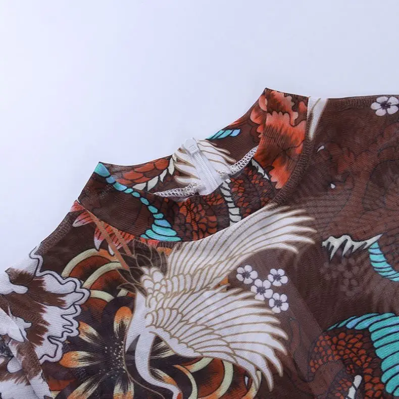 
X00119D printed cuff with brown temperament long sleeves jumpsuit 