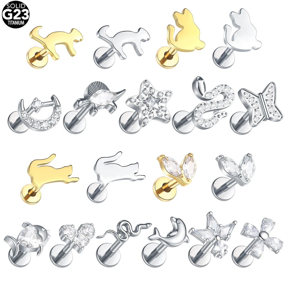 Титановая внутренняя резьба 16 г Серия животных Змея кошка рыба CZ Labret пирсинг ювелирные изделия из раковин спираль хряща серьги-гвоздики