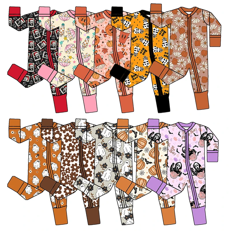 Wholesale Baby bamboo clothing 95%viscose bamboo 5%spandex Halloween Custom printed folded baby pajamas romper