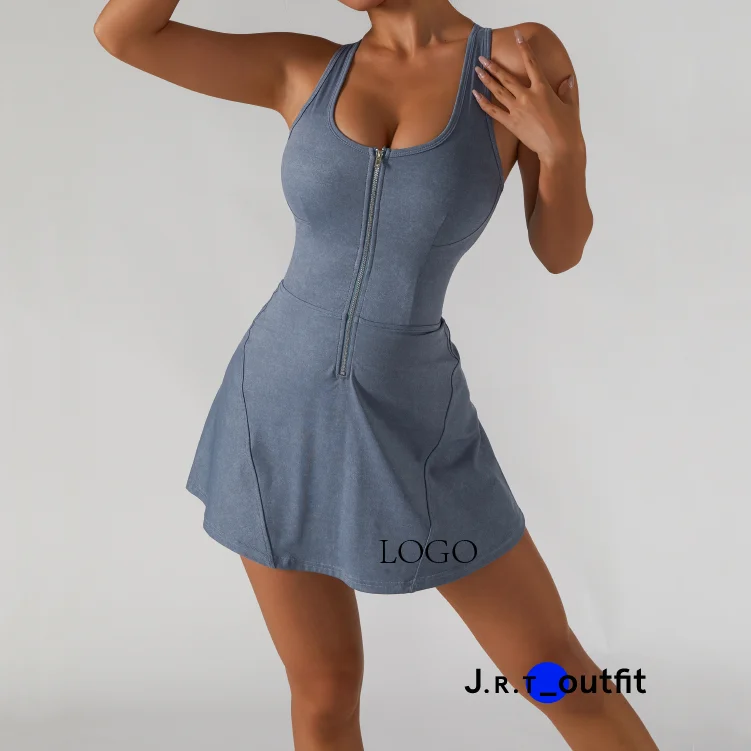 JRT Women Zipper Sports Yoga Golf Running Exercise Tennis Dress With Built in Shorts