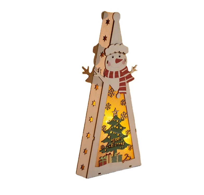 Hot Selling Christmas Wooden Pendant Triangular Lighting Santa Claus Snowman LED Light Wooden Crafts