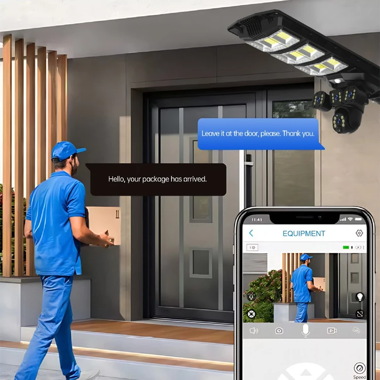 450W 4G/WIFI HD street light outdoor dual-lens three-screen camera two-way voice AI automatically tracks solar street lights