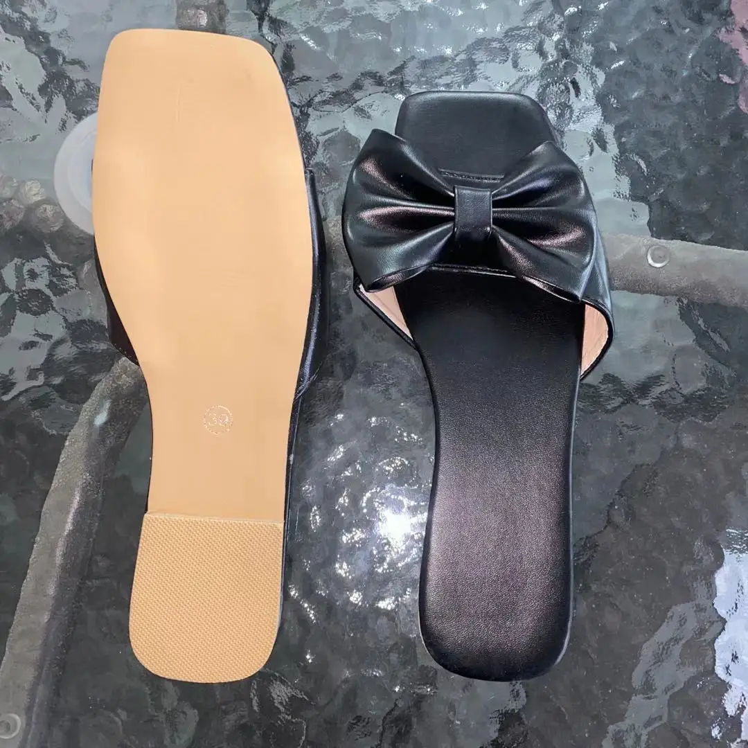 2020 trending sandals for women Flip Flop Bow Block Heel Slip-On Plain sandals indoor summer home slipper