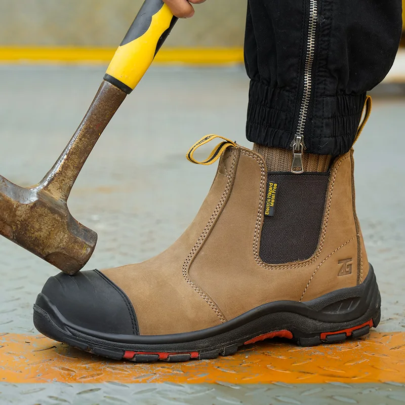 ZG L603 High Quality Chelsea Yellow Work Shoes Dark Brown Coffee Color Crazy Horse Safety Boots, Composite Toe Work Safety Boots
