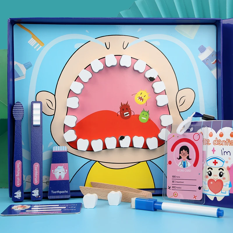 Children Little Dentist Toy Set Simulation Doctor Toy Baby Tooth Brushing Wooden Educational Toy for Kids