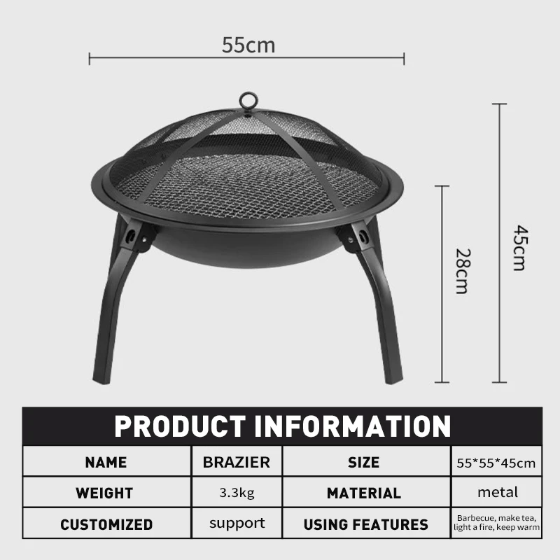 Customized OEM/ODM 48cm wood burning firepit with BBQ grill outdoor fireplace steel fire pit bowl round wood-burning pit