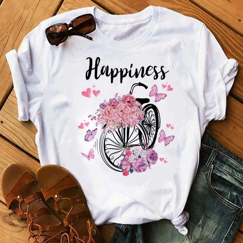 Women Graphic Flower Bike Bicycle Web Style Trend Fashion 90s Short Sleeve Lady Clothes Tops Tees Print Female Tshirt T-Shirt