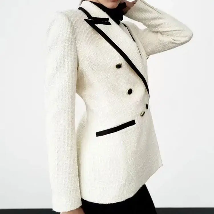 European and American autumn and winter new retro style lapel long-sleeved contrast color edge white suit jacket women