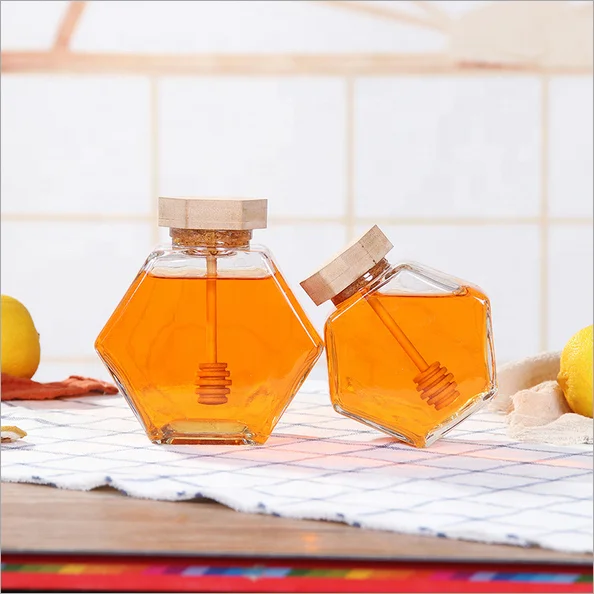 220ml 380ml glass honey jar hexagon glass bottle with wooden lid