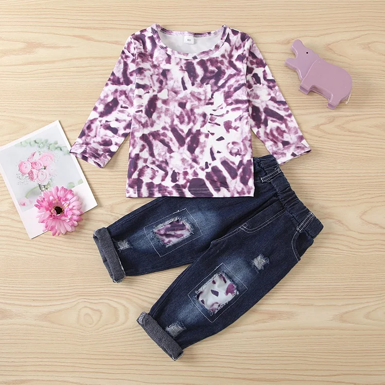 Hot Selling Girls Cartoon Printing Halloween Children Hole Jeans Two Piece Kids Clothes Set